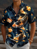 Oceanlyte Men's Hawaiian Koi Fish Print Lotus Flower Print Short Sleeve Shirt with Chest Pocket