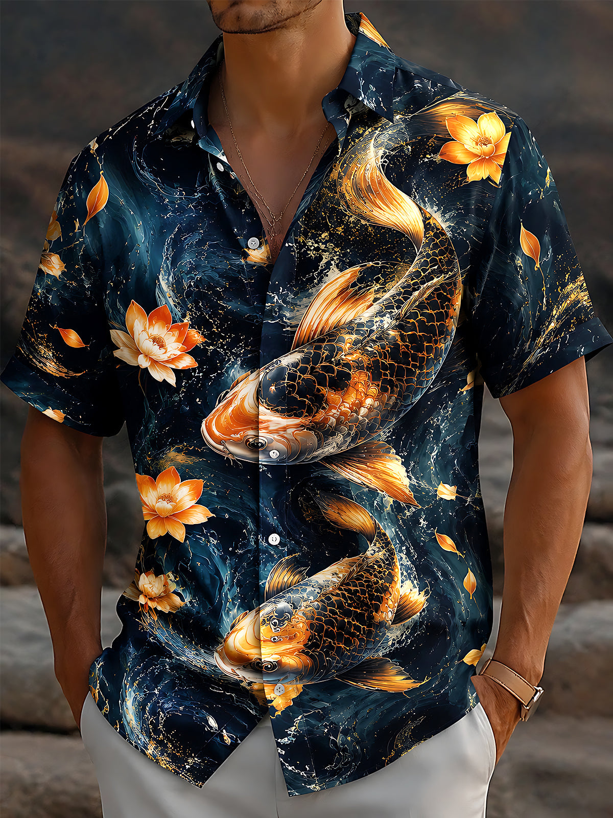 Oceanlyte Men's Hawaiian Koi Fish Print Lotus Flower Print Short Sleeve Shirt with Chest Pocket