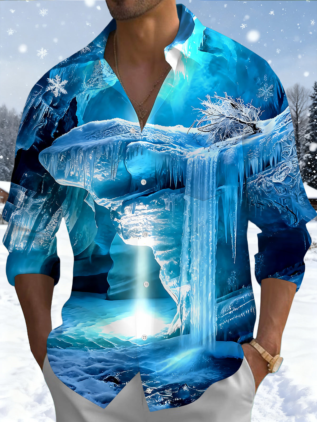Oceanlyte Men's Printed Ice Cave Landscape Print Long Sleeve Shirt with Chest Pocket