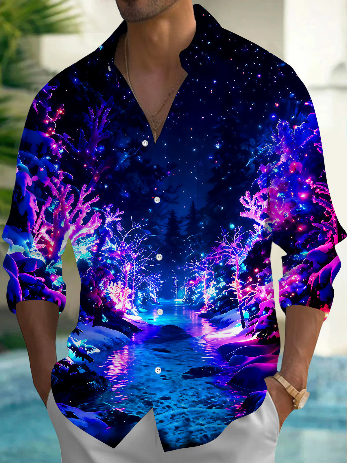 Oceanlyte Men's Printed Neon Winter Forest Print Long Sleeve Shirt with Chest Pocket