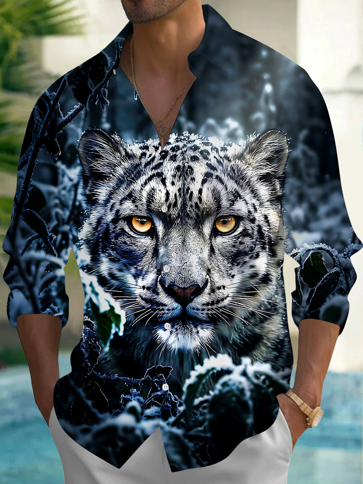 Oceanlyte Men's Printed Snow Leopard Face Print Long Sleeve Shirt with Chest Pocket
