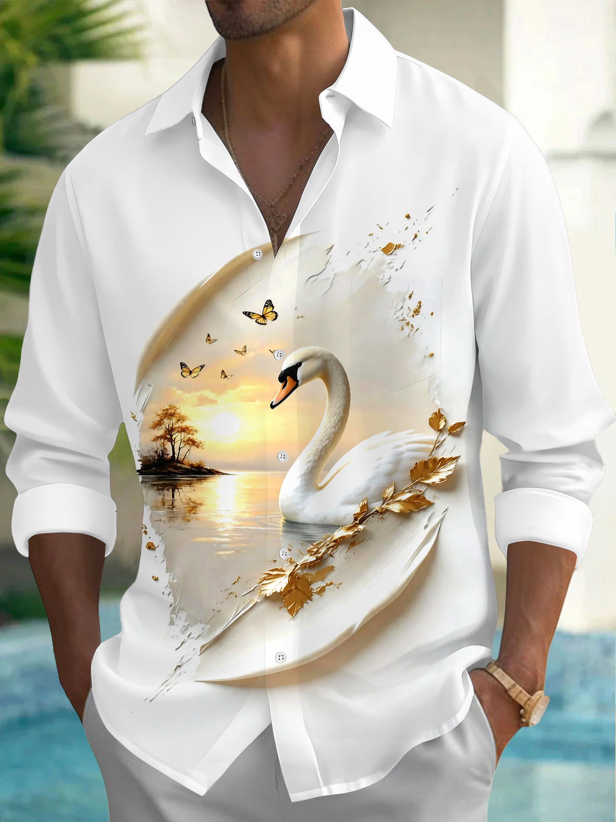 Oceanlyte Men's Printed Swan Print Butterflies Print Long Sleeve Shirt with Chest Pocket