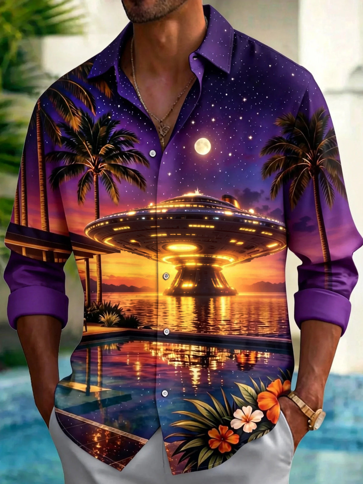 Oceanlyte Men's Hawaiian UFO Night Sky Print Palm Trees Print Long Sleeve Shirt with Chest Pocket