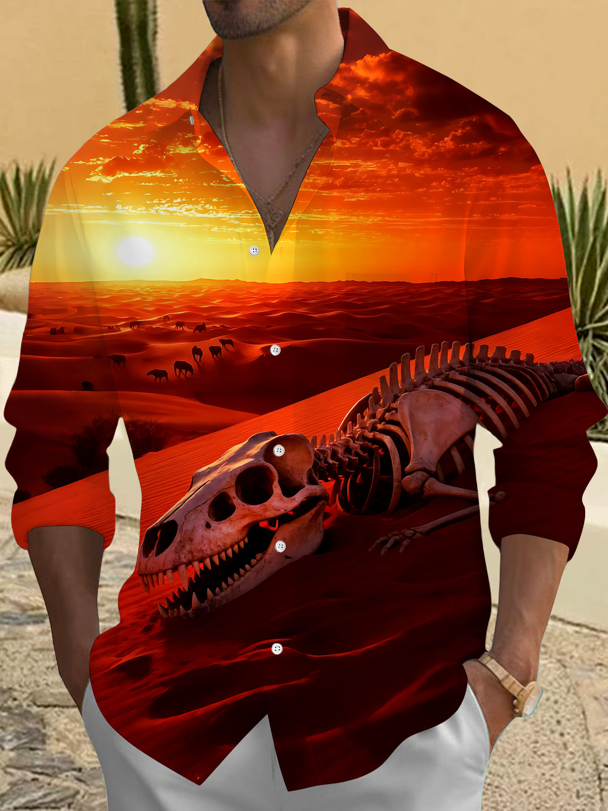 Oceanlyte Men's Vintage Style Dinosaur Skeleton Print Long Sleeve Shirt with Chest Pocket