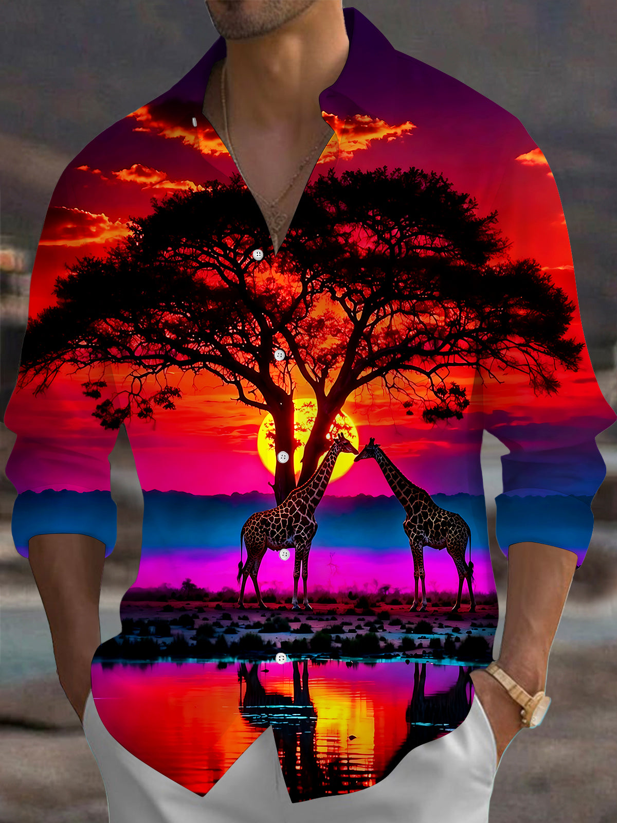 Oceanlyte Men's Printed Giraffe Sunset Landscape Print Long Sleeve Shirt with Chest Pocket
