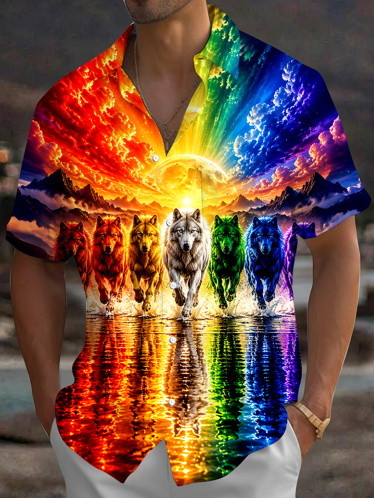 Oceanlyte Men's Hawaiian Rainbow Wolves Print Short Sleeve Shirt with Chest Pocket