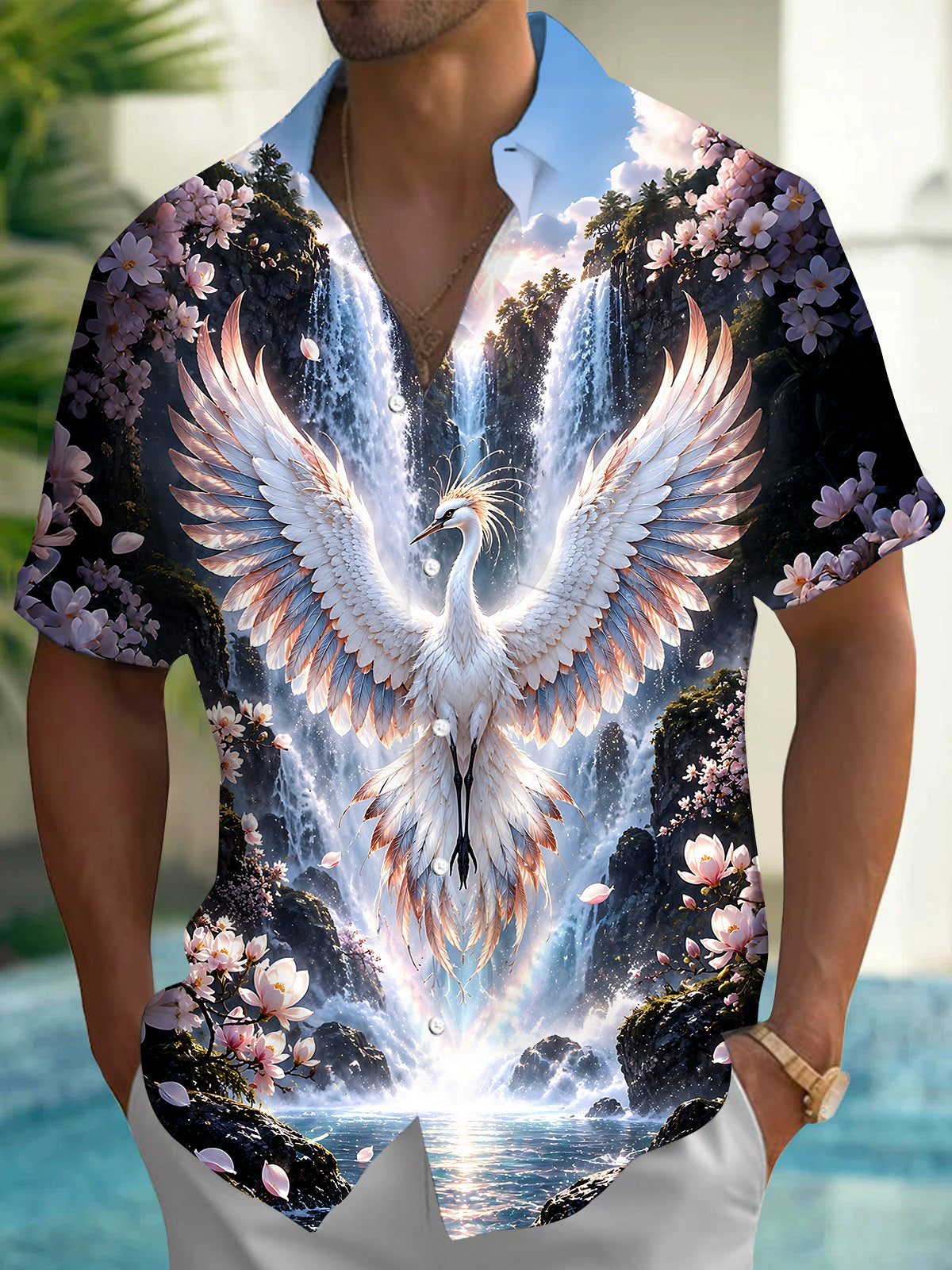 Oceanlyte Men's Hawaiian White Crane Print Short Sleeve Shirt with Chest Pocket