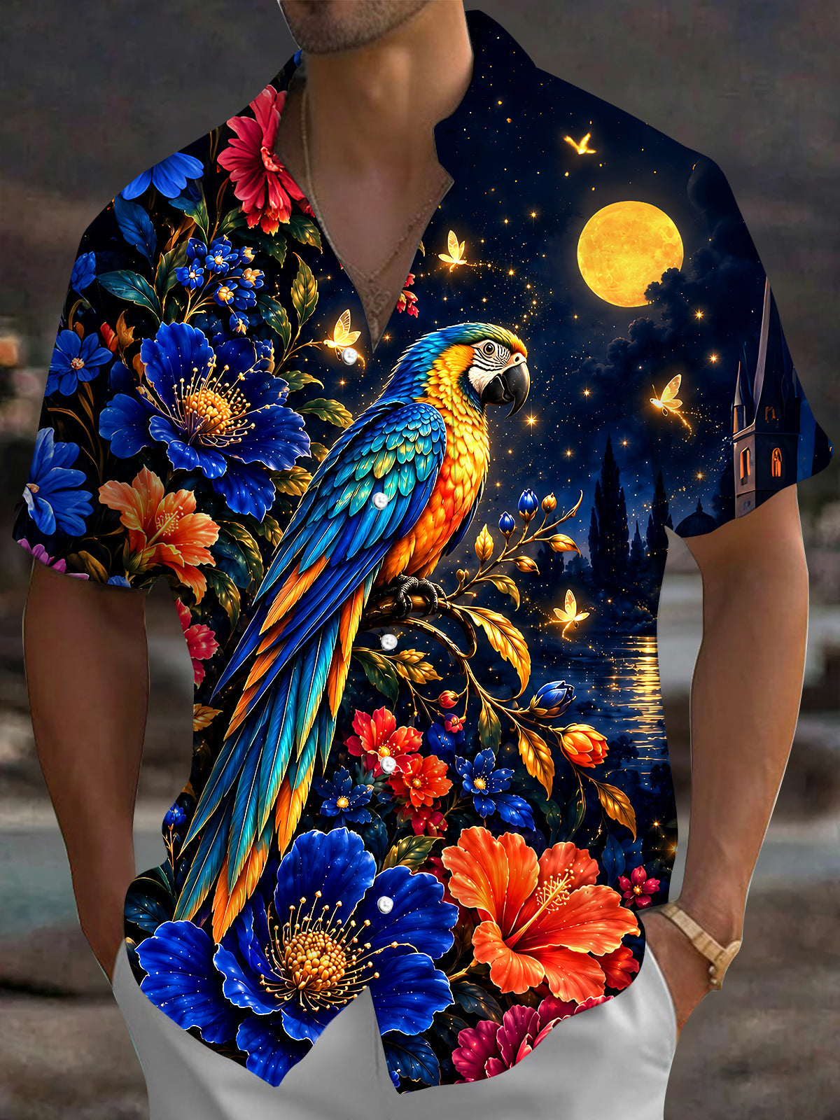 Oceanlyte Men's Hawaiian Parrot Night Scene Print Short Sleeve Shirt with Chest Pocket