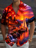 Oceanlyte Men's Hawaiian Sunset Lake Landscape Print Short Sleeve Shirt with Chest Pocket