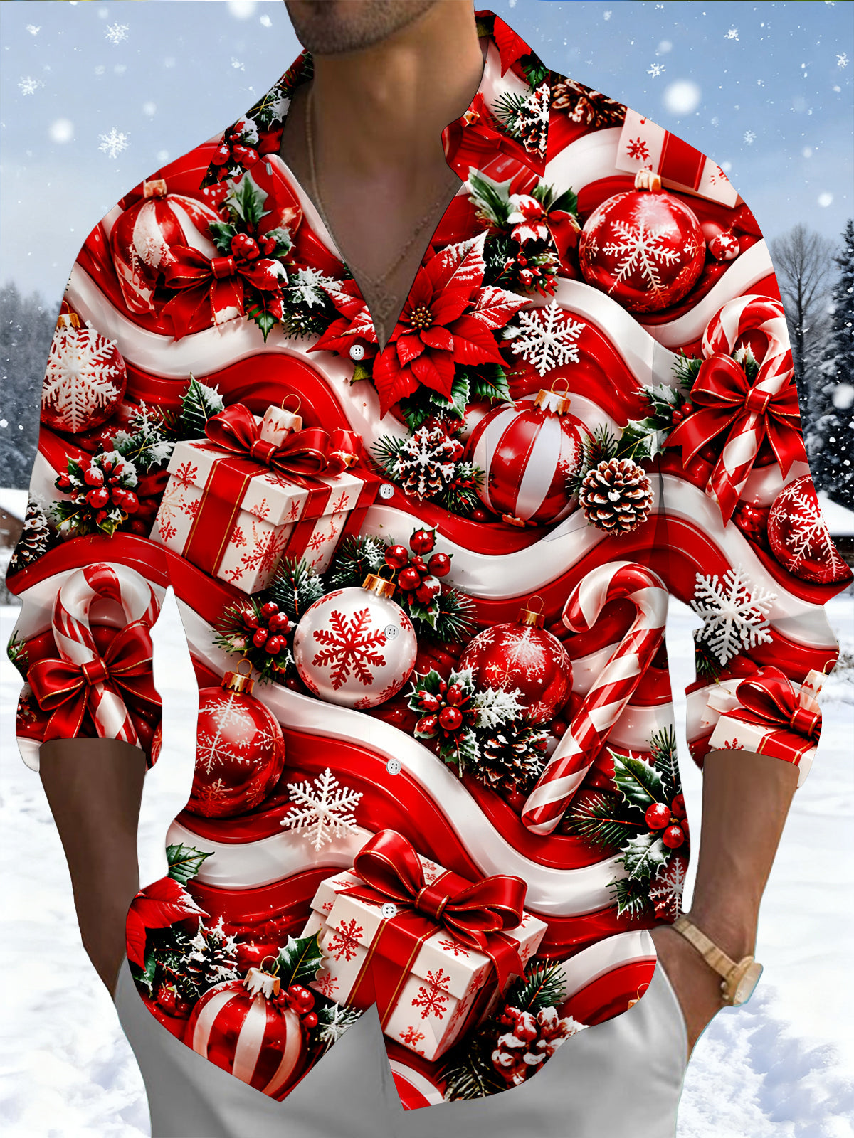Oceanlyte Men's Printed Christmas Ornaments Print Long Sleeve Shirt with Chest Pocket