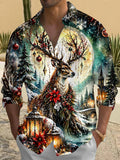 Oceanlyte Men's Graphic Christmas Elk Print Long Sleeve Shirt with Chest Pocket
