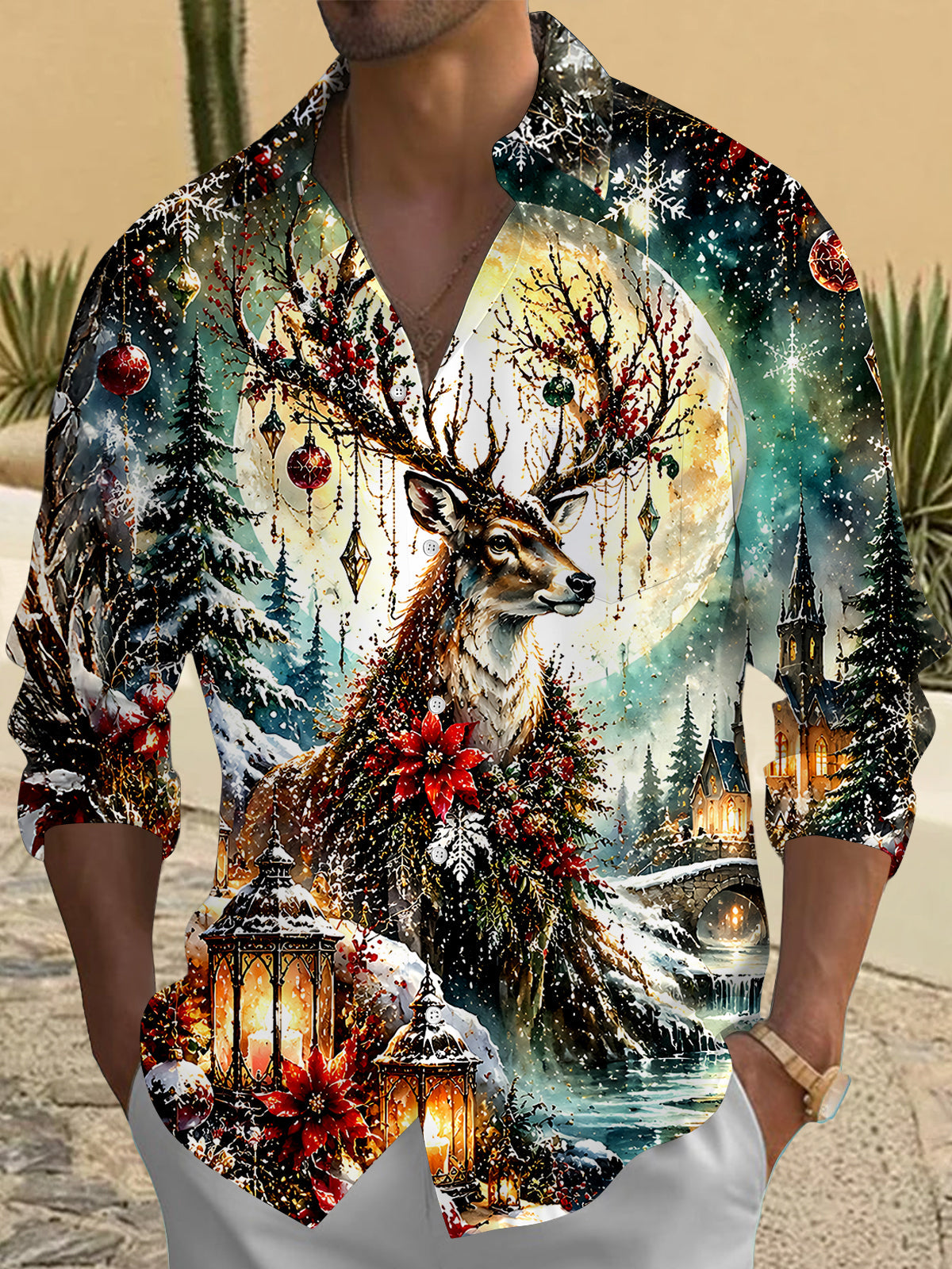 Oceanlyte Men's Graphic Christmas Elk Print Long Sleeve Shirt with Chest Pocket
