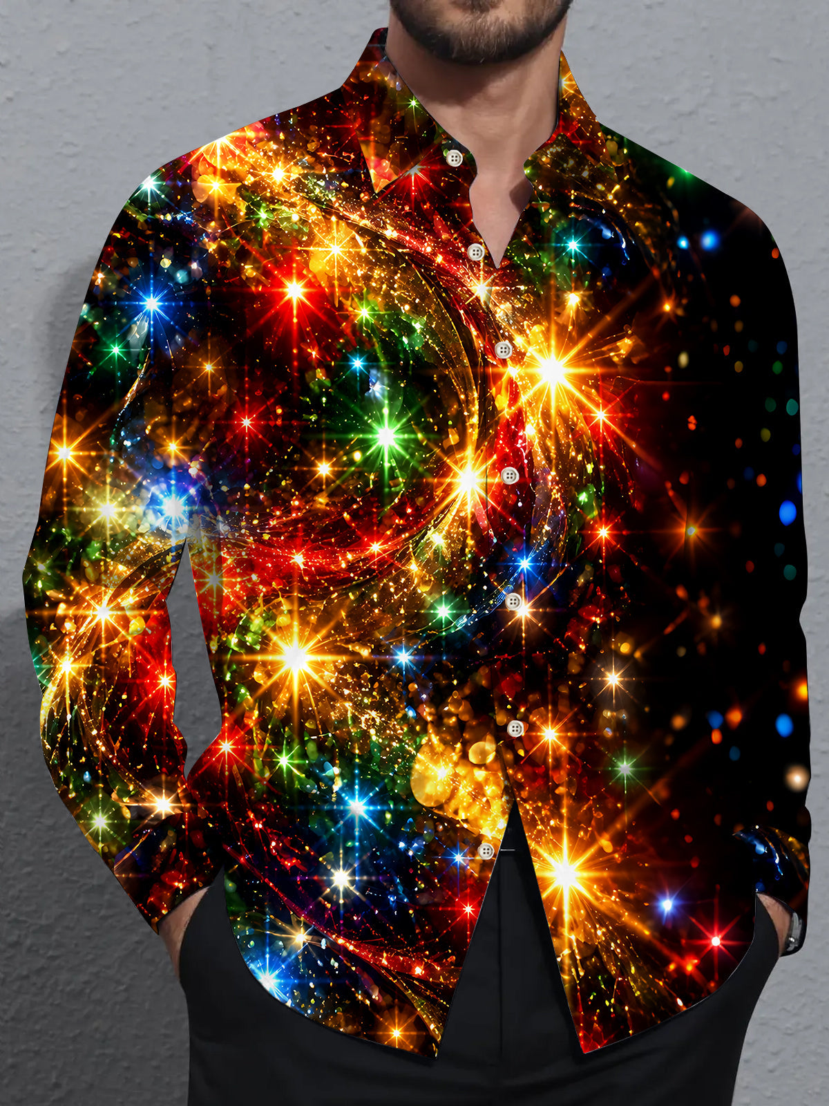 Oceanlyte Men's Printed Colorful Starburst Lights Print Long Sleeve Shirt with Chest Pocket