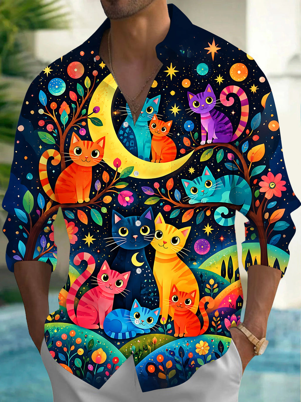 Oceanlyte Men's Hawaiian Colorful Cats Print Night Sky Print Long Sleeve Shirt with Chest Pocket