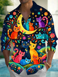 Oceanlyte Men's Hawaiian Colorful Cats Print Night Sky Print Long Sleeve Shirt with Chest Pocket