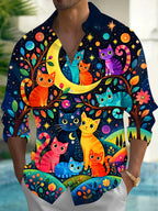 Oceanlyte Men's Hawaiian Colorful Cats Print Night Sky Print Long Sleeve Shirt with Chest Pocket
