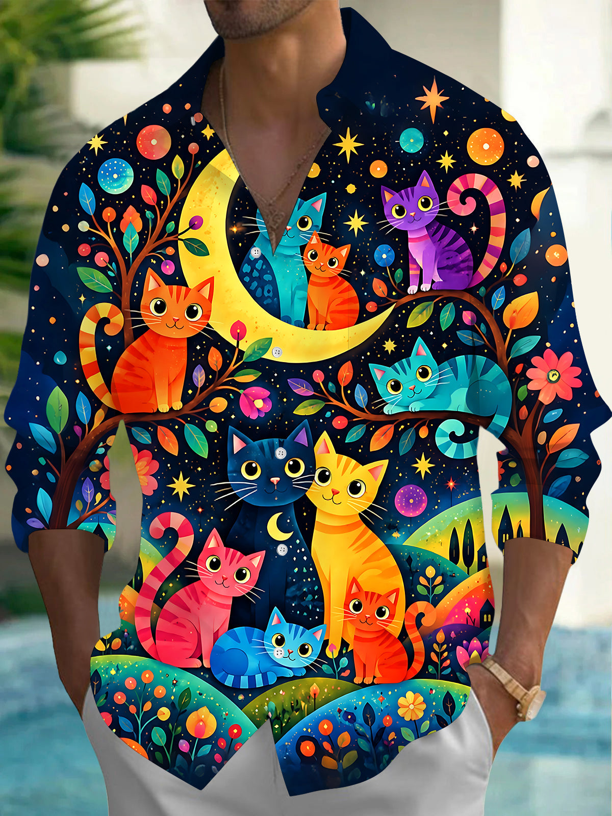 Oceanlyte Men's Hawaiian Colorful Cats Print Night Sky Print Long Sleeve Shirt with Chest Pocket