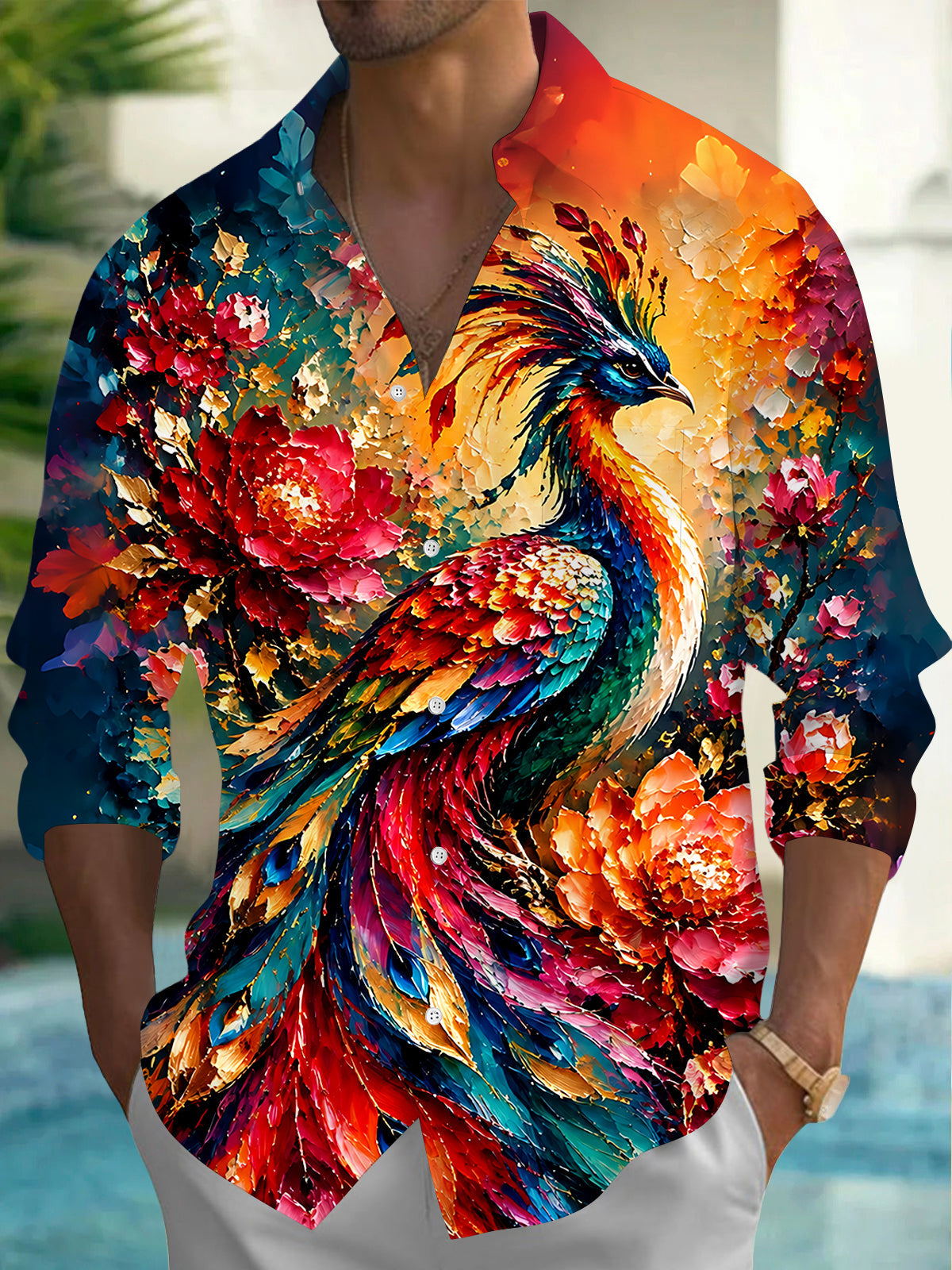 Oceanlyte Men's Hawaiian Peacock Bird Print Floral Pattern Long Sleeve Shirt with Chest Pocket