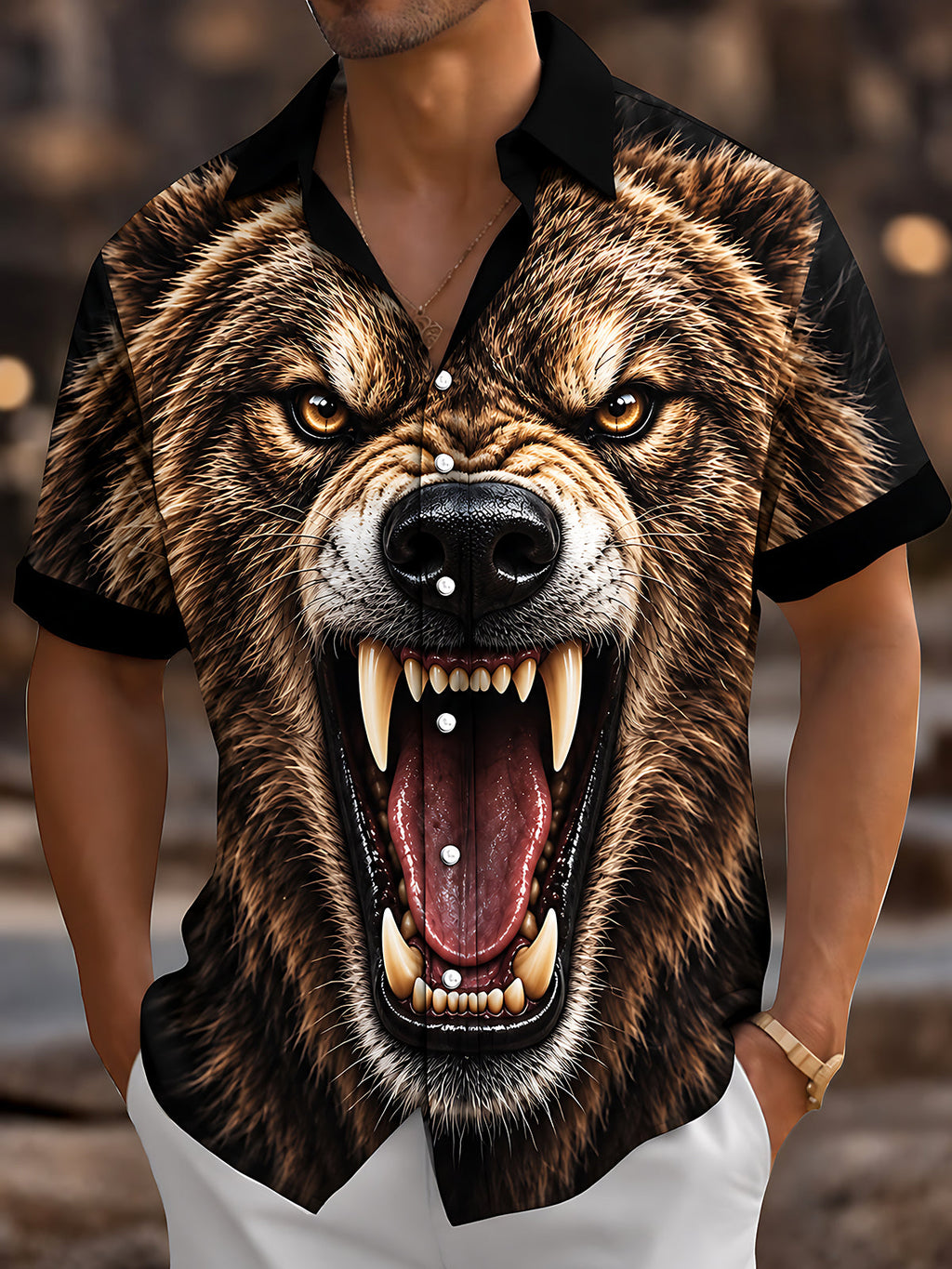 Oceanlyte Men's Graphic Roaring Bear Face Print Short Sleeve Shirt with Chest Pocket