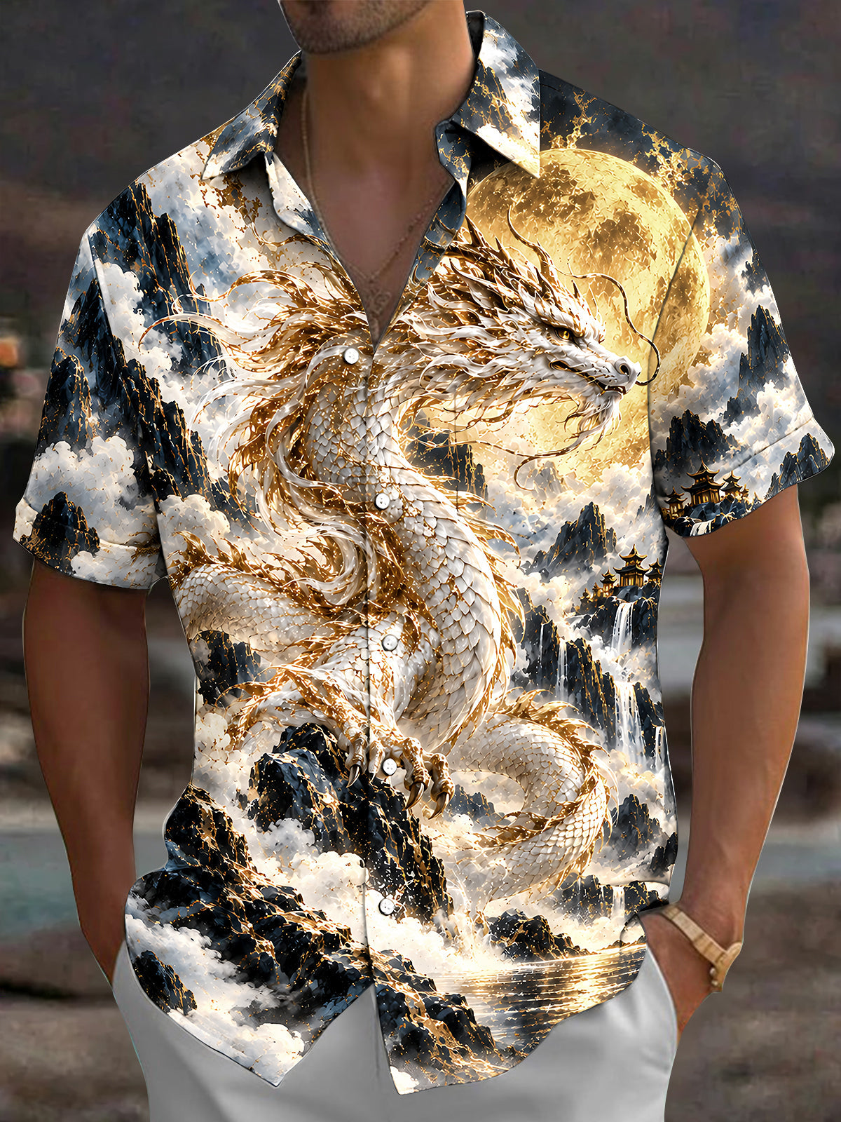 Oceanlyte Men's Hawaiian Chinese Dragon Print Short Sleeve Shirt with Chest Pocket