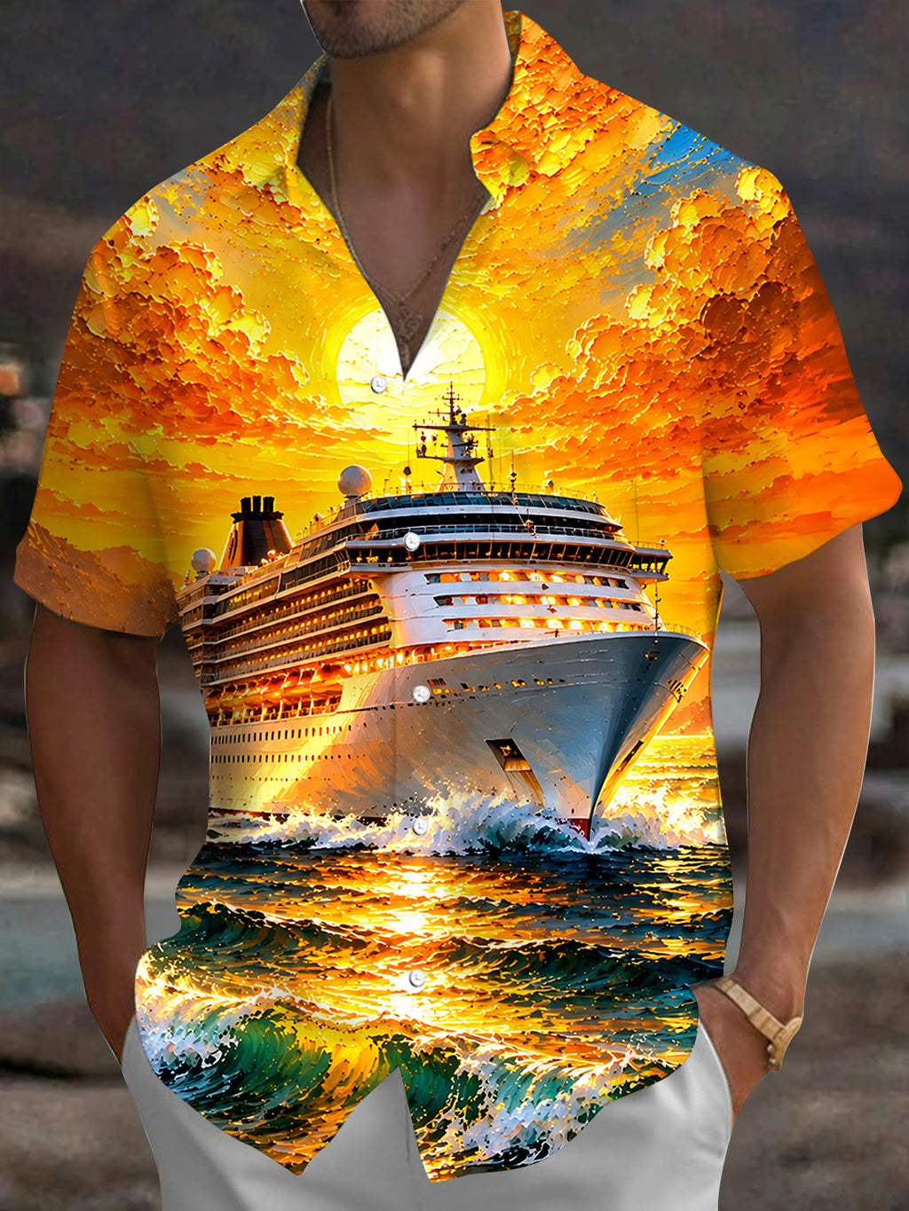 Oceanlyte Men's Hawaiian Cruise Ship Sunset Print Short Sleeve Shirt with Chest Pocket