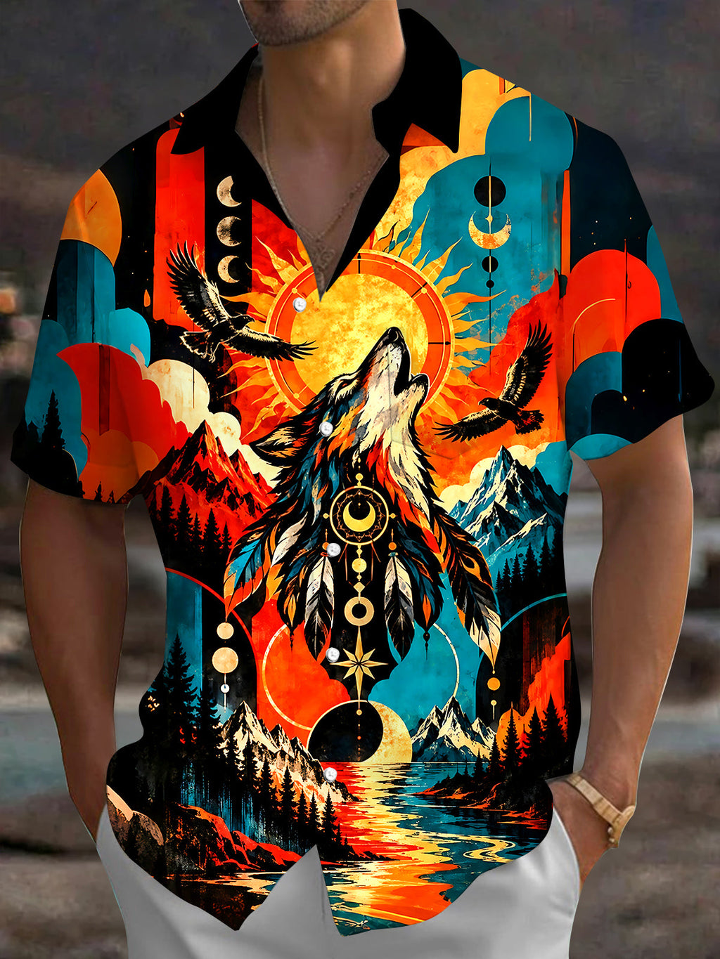 Oceanlyte Men's Hawaiian Howling Wolf Print Short Sleeve Shirt with Chest Pocket