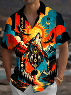 Oceanlyte Men's Hawaiian Howling Wolf Print Short Sleeve Shirt with Chest Pocket