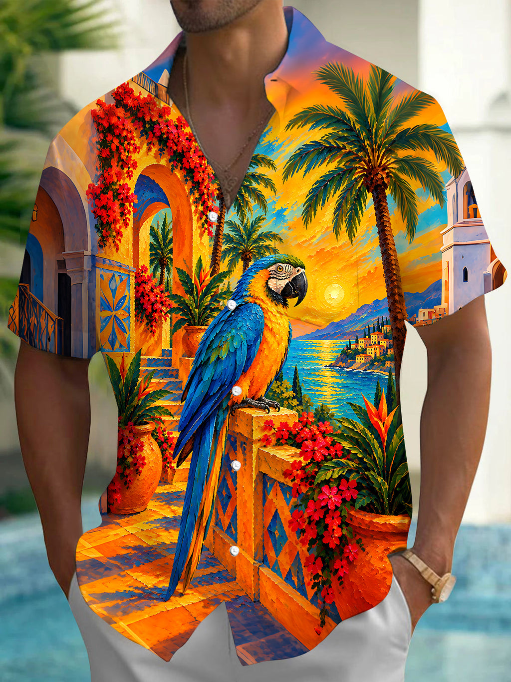 Oceanlyte Men's Hawaiian Parrot Print Palm Tree Print Short Sleeve Shirt with Chest Pocket