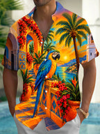 Oceanlyte Men's Hawaiian Parrot Print Palm Tree Print Short Sleeve Shirt with Chest Pocket