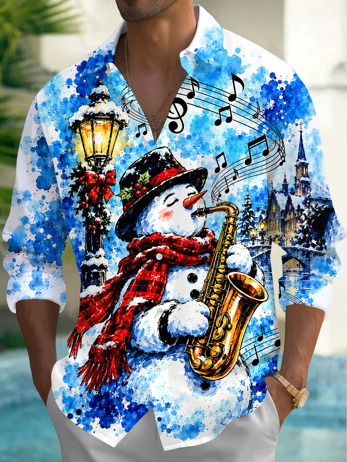 Oceanlyte Men's Graphic Christmas Snowman Print Long Sleeve Shirt with Chest Pocket