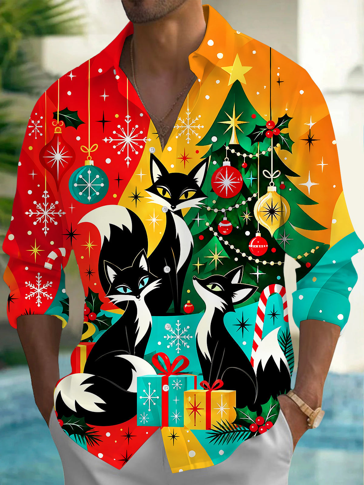 Oceanlyte Men's Graphic Christmas Fox Family Print Long Sleeve Shirt with Chest Pocket