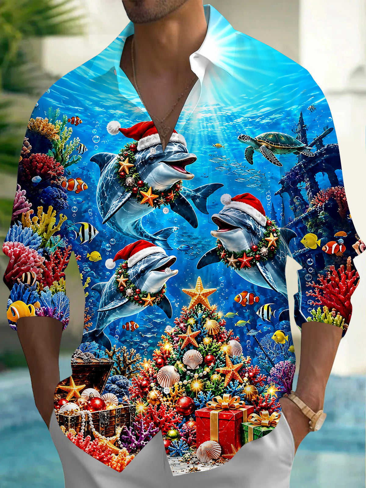 Oceanlyte Men's Hawaiian Christmas Dolphins Print Long Sleeve Shirt with Chest Pocket