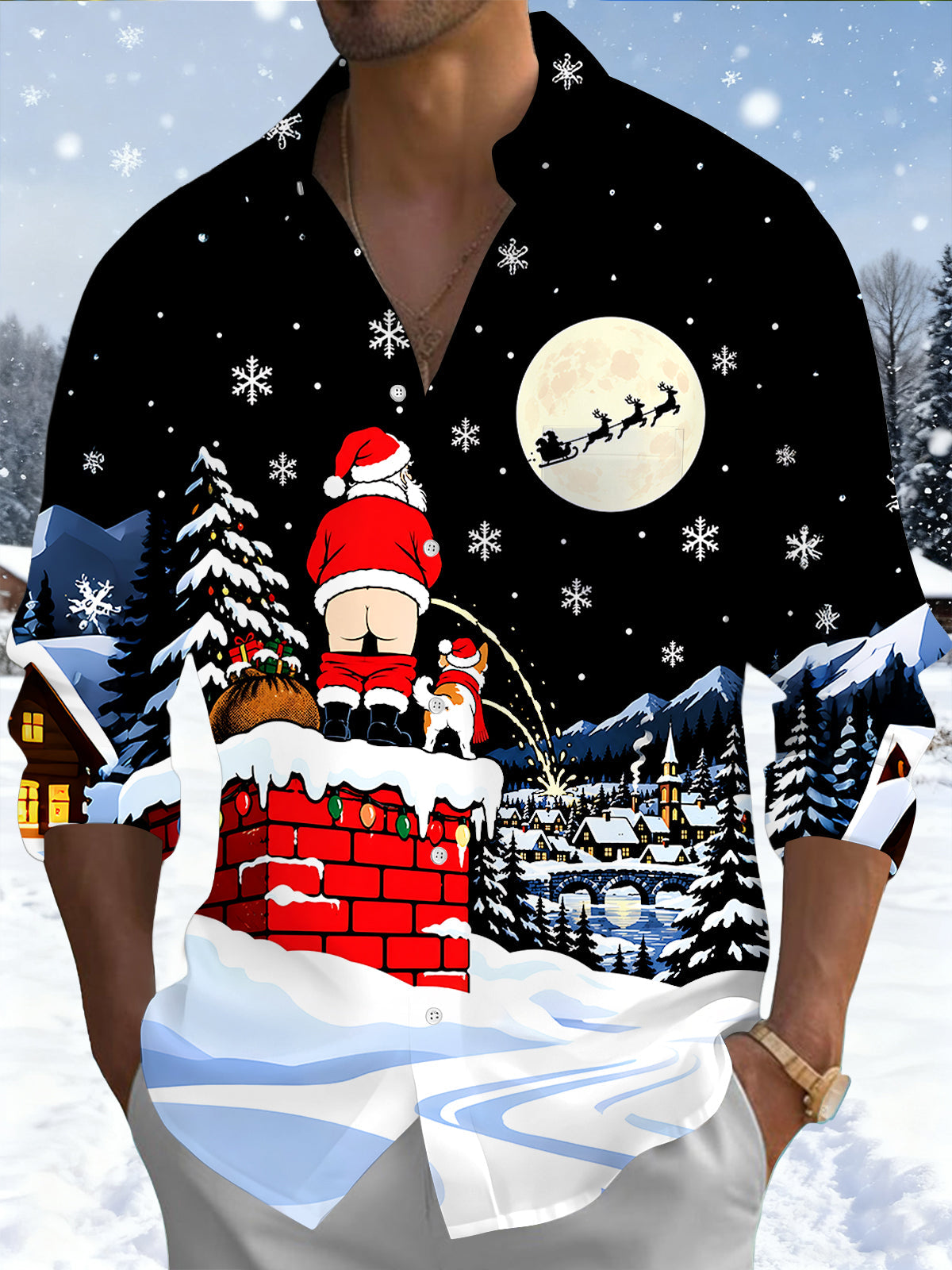 Oceanlyte Men's Graphic Snowy Village Night Scene Print Long Sleeve Shirt with Chest Pocket