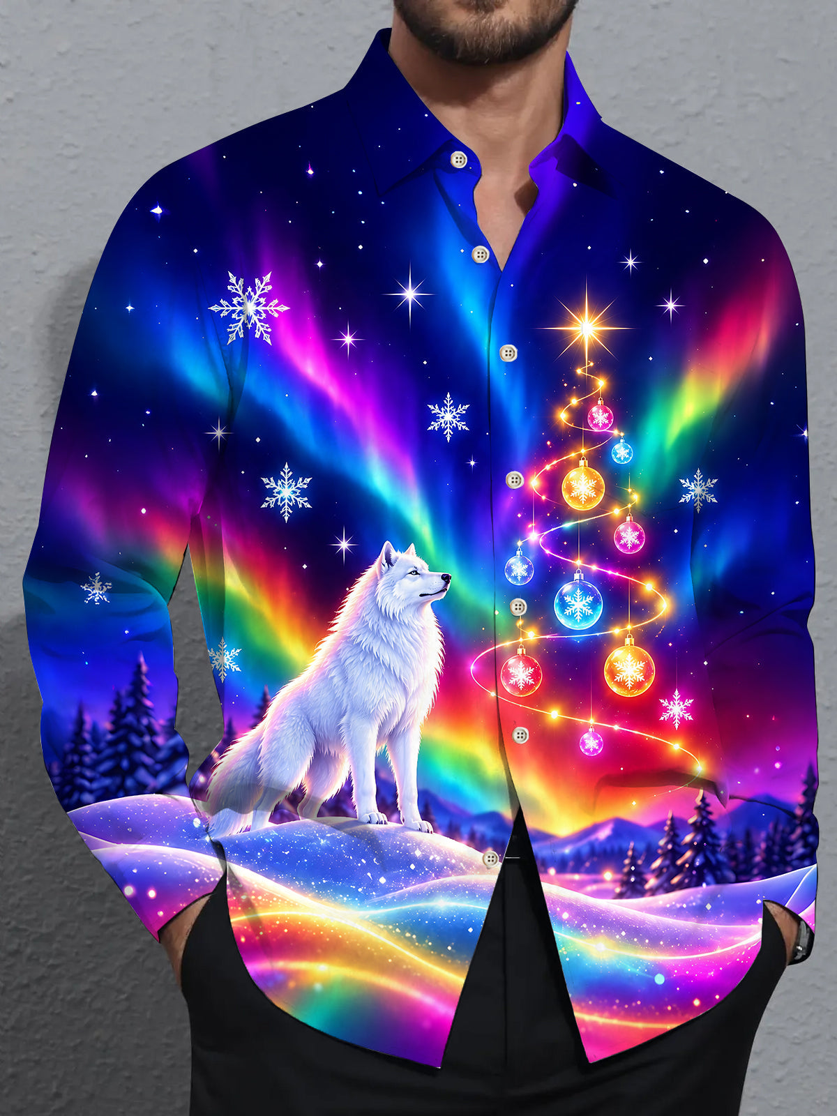Oceanlyte Men's Graphic Aurora Borealis Print Long Sleeve Shirt with Chest Pocket