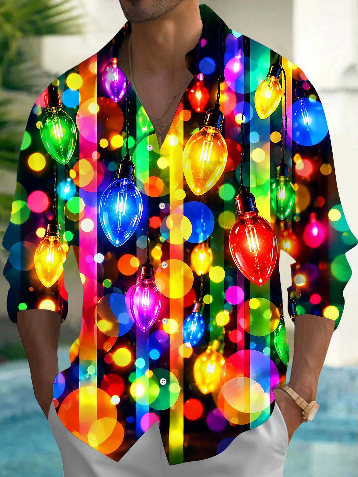 Oceanlyte Men's Printed Colorful Christmas Light Bulbs Print Long Sleeve Shirt with Chest Pocket