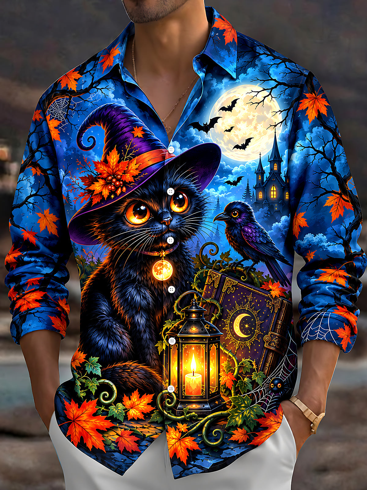 Oceanlyte Men's Graphic Halloween Cat Print Witch Hat Print Long Sleeve Shirt with Chest Pocket