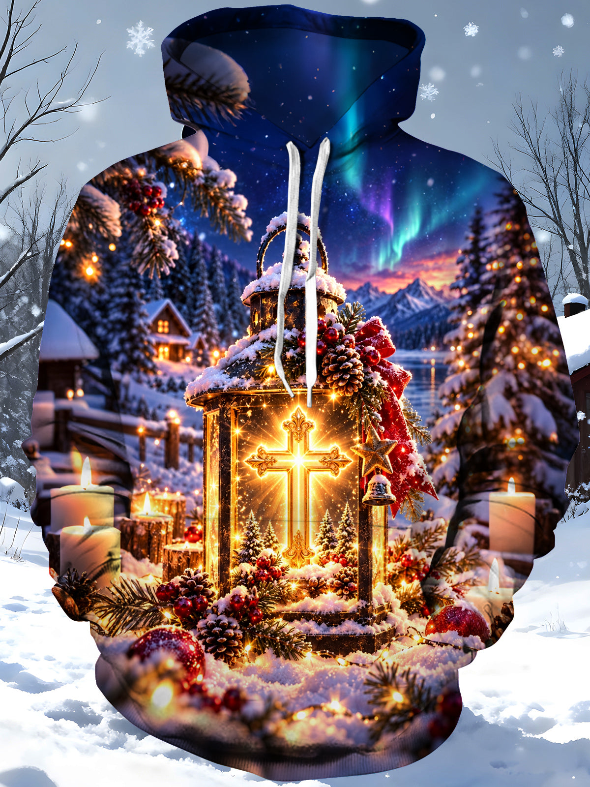 Oceanlyte Men's Printed Christmas Lantern Print Long Sleeve Hoodie with Chest Pocket
