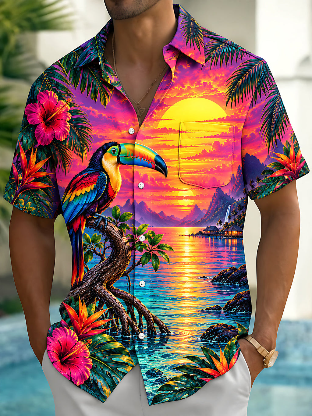 Oceanlyte Men's Hawaiian Toucan Sunset Landscape Print Short Sleeve Shirt with Chest Pocket