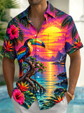 Oceanlyte Men's Hawaiian Toucan Sunset Landscape Print Short Sleeve Shirt with Chest Pocket