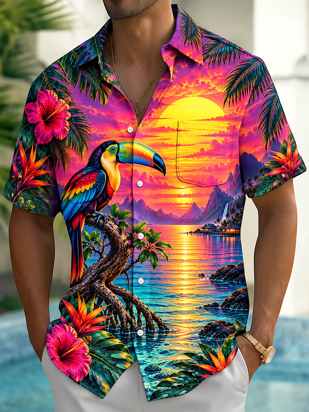 Oceanlyte Men's Hawaiian Toucan Sunset Landscape Print Short Sleeve Shirt with Chest Pocket