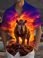 Oceanlyte Men's Hawaiian Rhino Sunset Landscape Print Short Sleeve Shirt with Chest Pocket