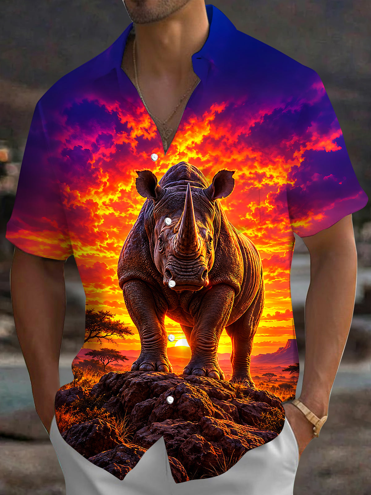 Oceanlyte Men's Hawaiian Rhino Sunset Landscape Print Short Sleeve Shirt with Chest Pocket