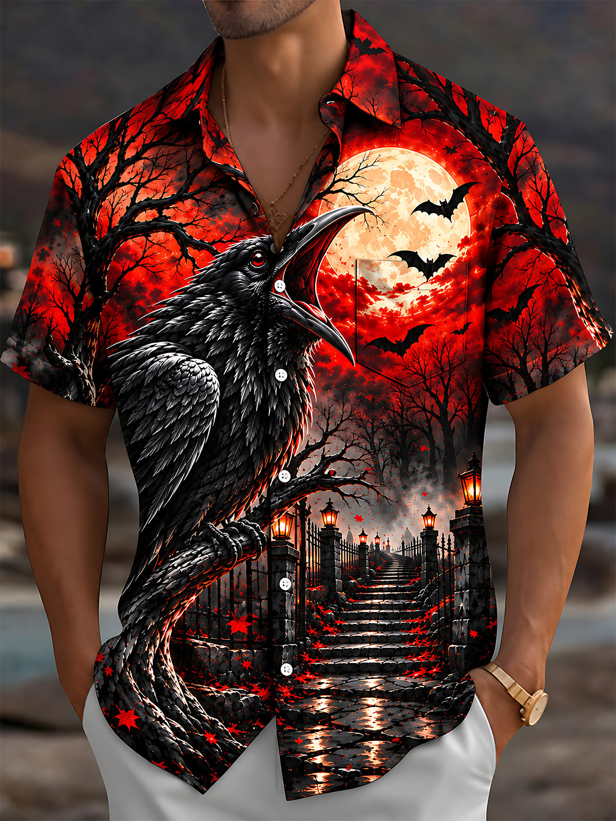 Oceanlyte Men's Graphic Halloween Crow Print Full Moon Print Short Sleeve Shirt with Chest Pocket
