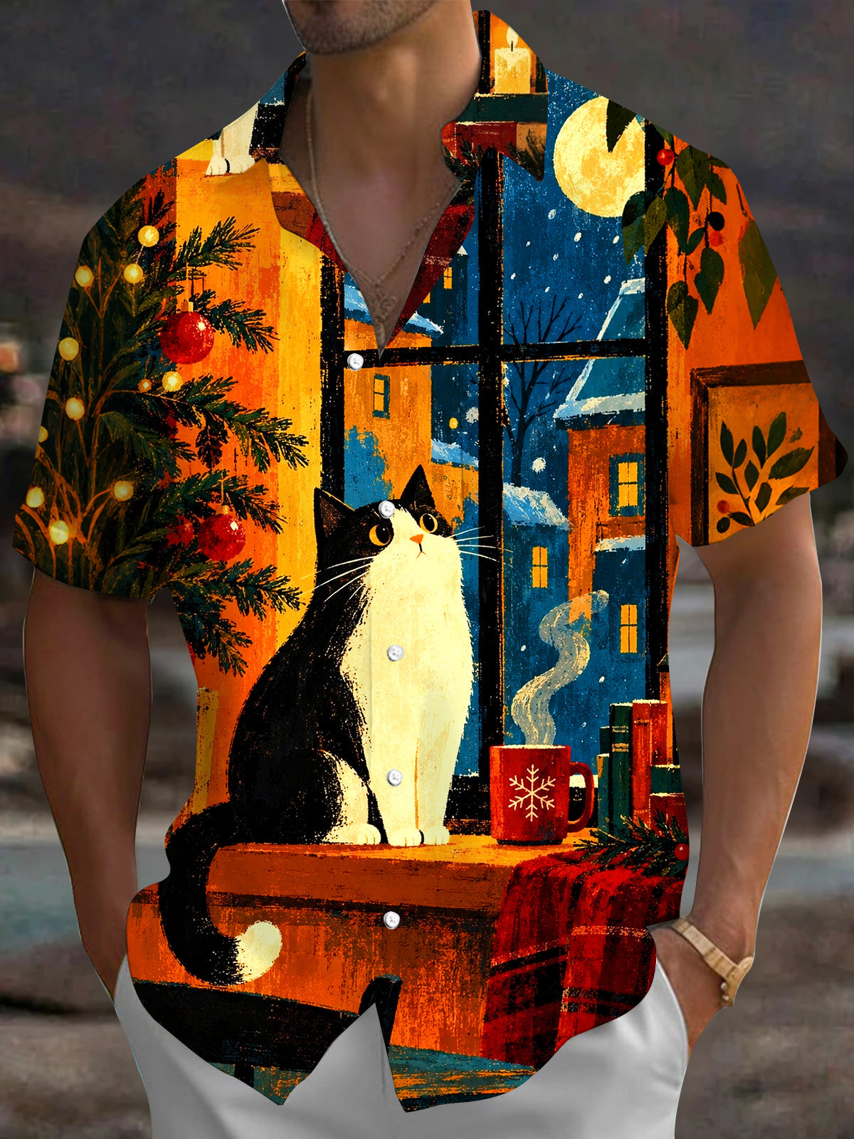 Oceanlyte Men's Printed Christmas Cat Print Short Sleeve Shirt with Chest Pocket