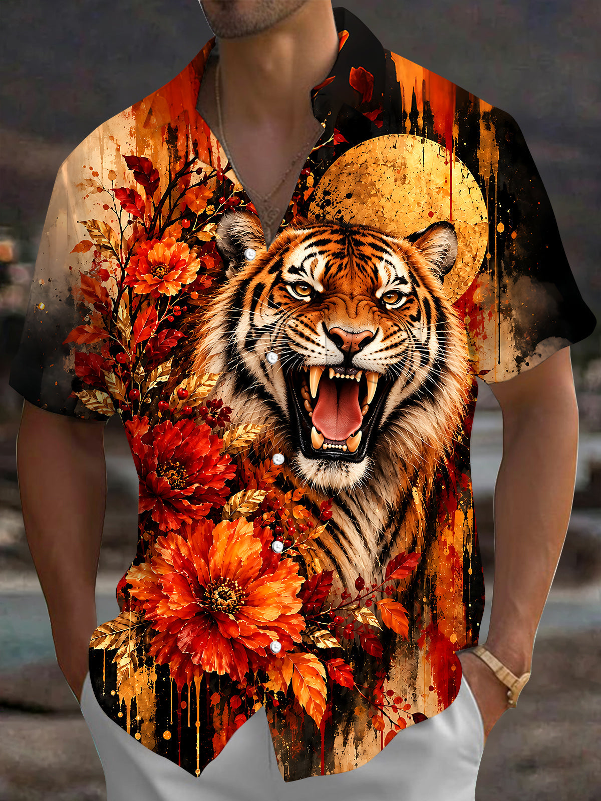 Oceanlyte Men's Graphic Roaring Tiger Head Print Short Sleeve Shirt with Chest Pocket