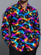 Oceanlyte Men's Printed Colorful Wavy Lines Print Long Sleeve Shirt with Chest Pocket