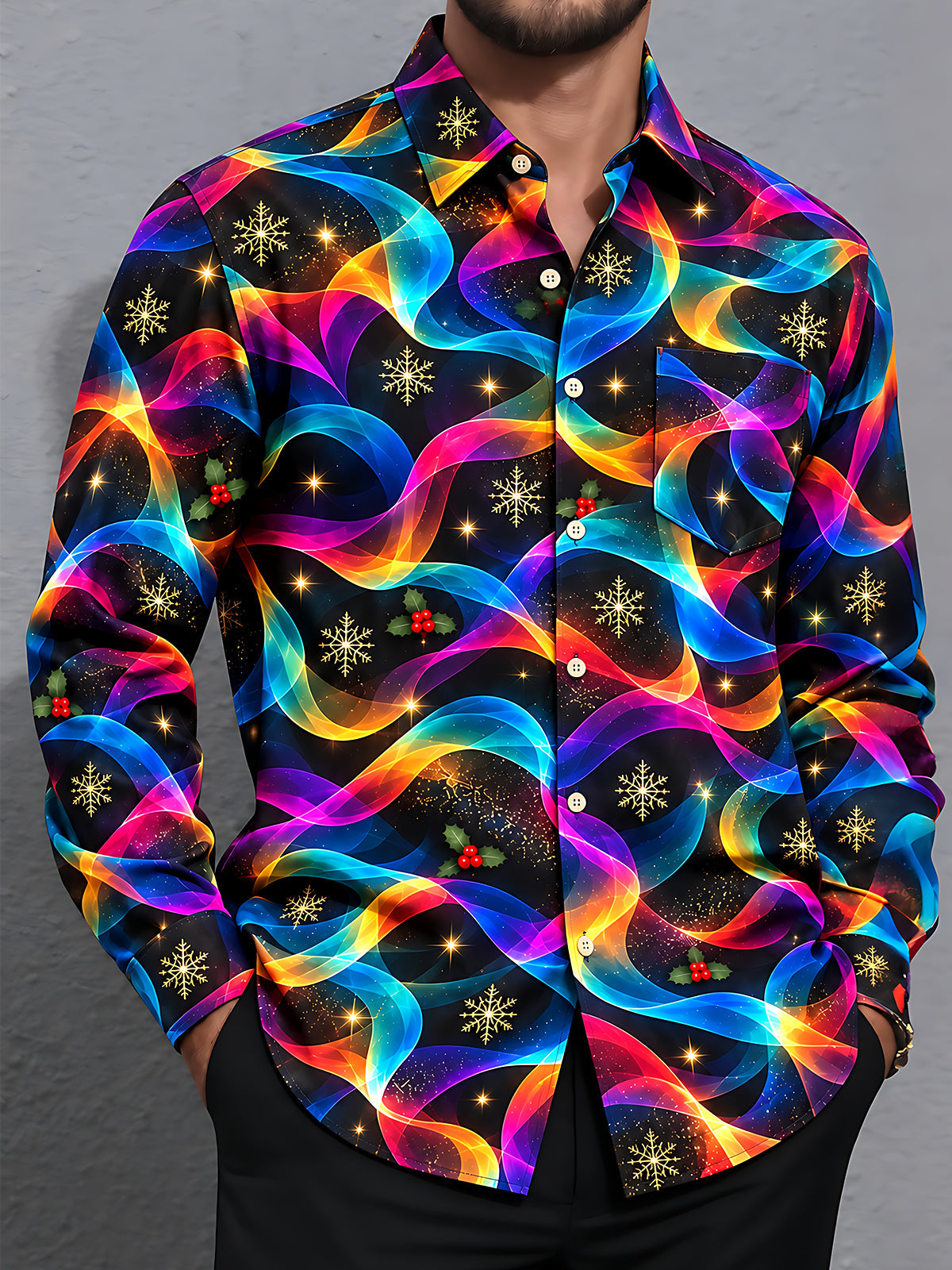 Oceanlyte Men's Printed Colorful Wavy Lines Print Long Sleeve Shirt with Chest Pocket