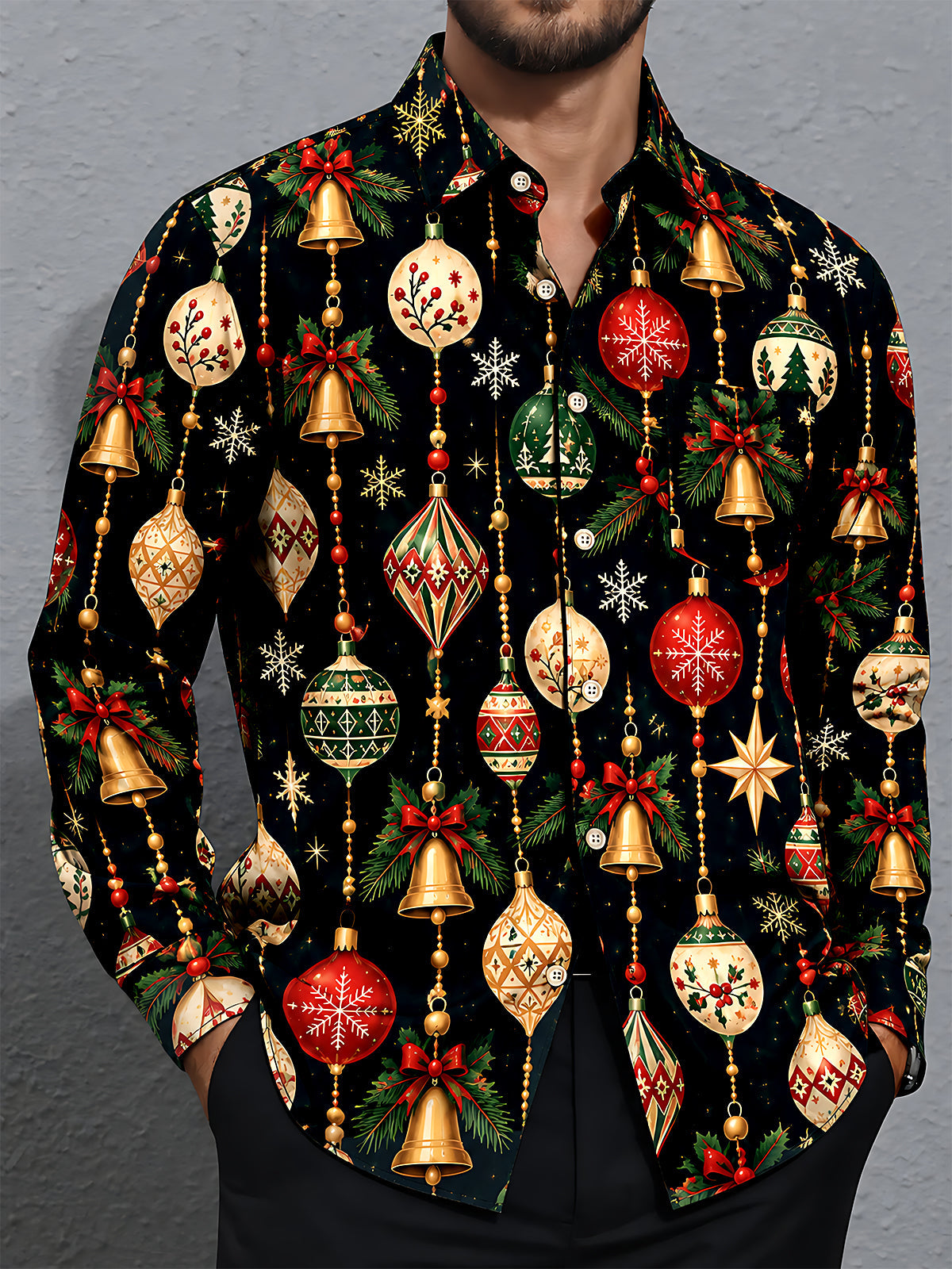 Oceanlyte Men's Printed Christmas Ornaments Print Long Sleeve Shirt with Chest Pocket
