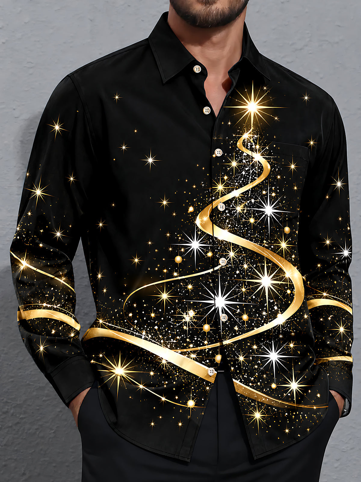 Oceanlyte Men's Printed Abstract Gold Ribbon Print Long Sleeve Shirt with Chest Pocket