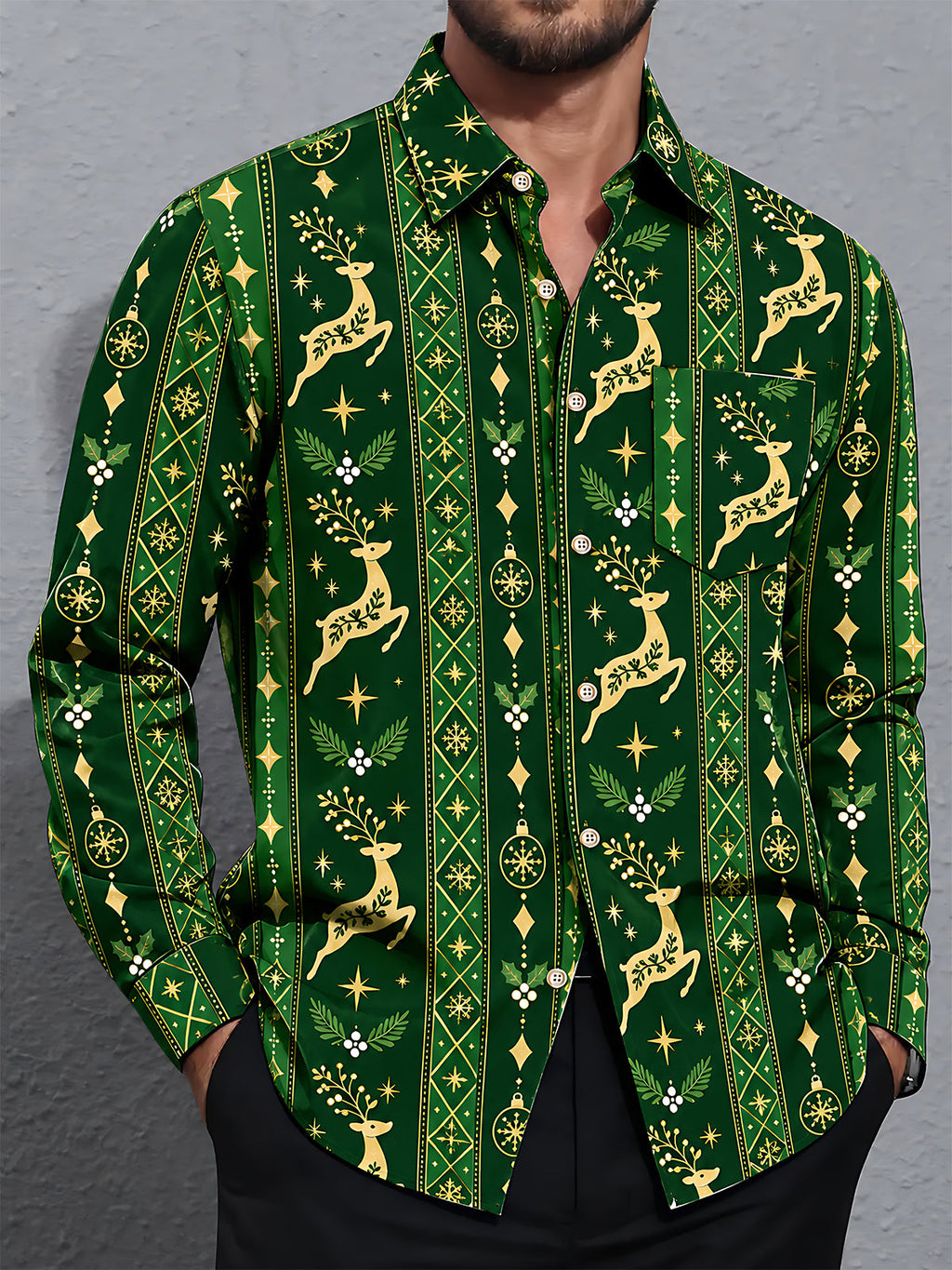 Oceanlyte Men's Printed Christmas Elk Print Long Sleeve Shirt with Chest Pocket